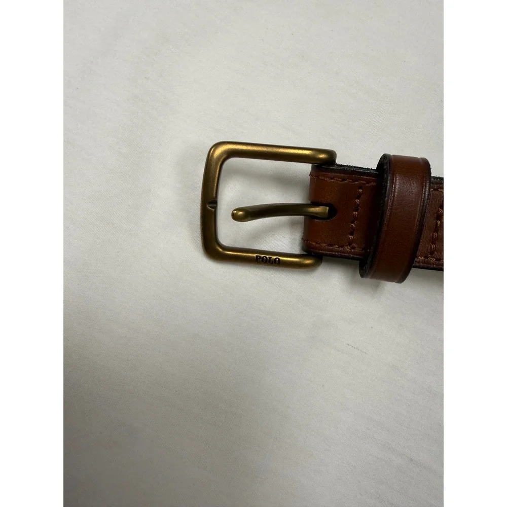 Polo Ralph Lauren Polo Bear Silk/Nylon Belt Navy Blue Brown Leather Size 36